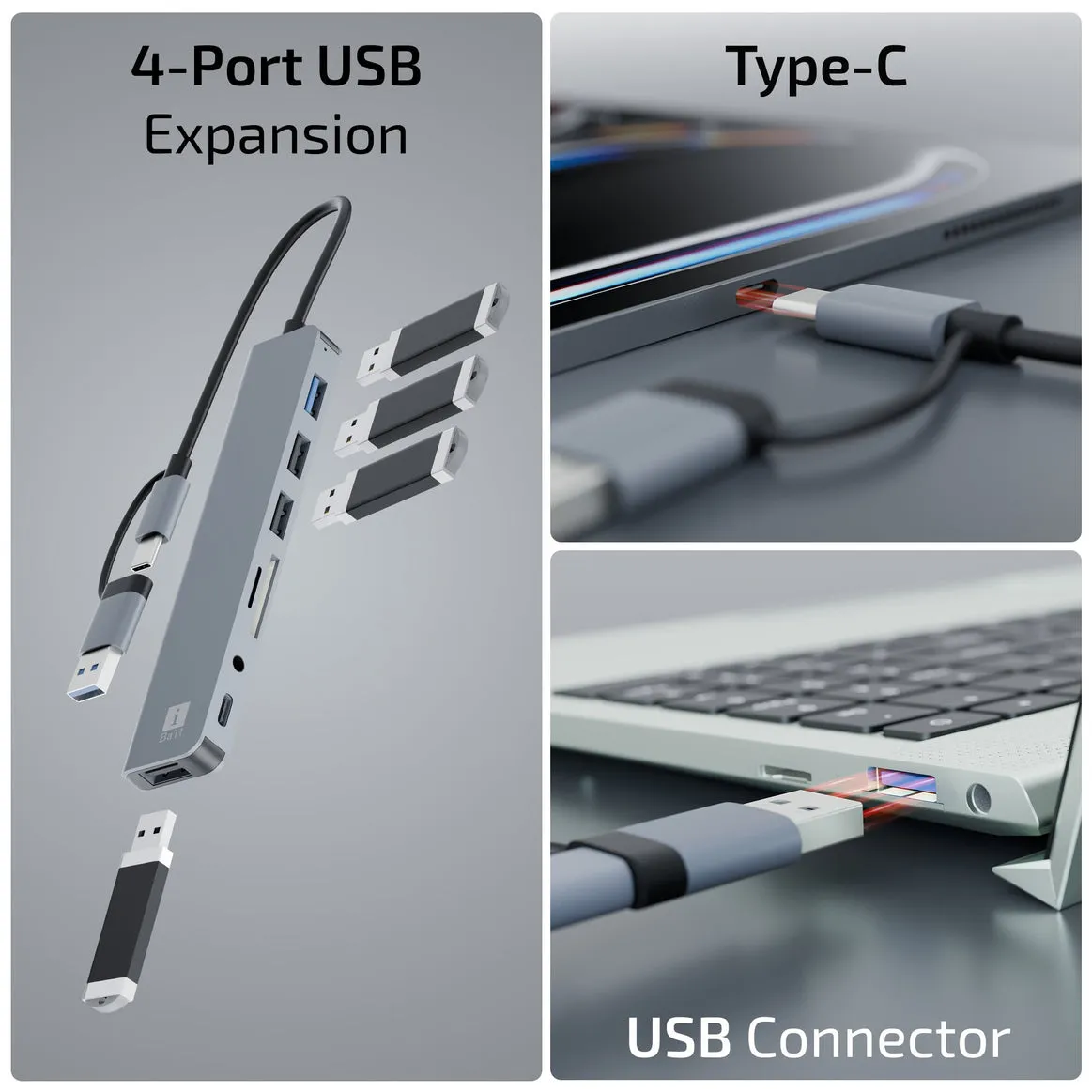 Iball Type-C+USB to USB Hub 8 in 1 (Aux | USB 3.0 | Type-C | SD Card) view 2